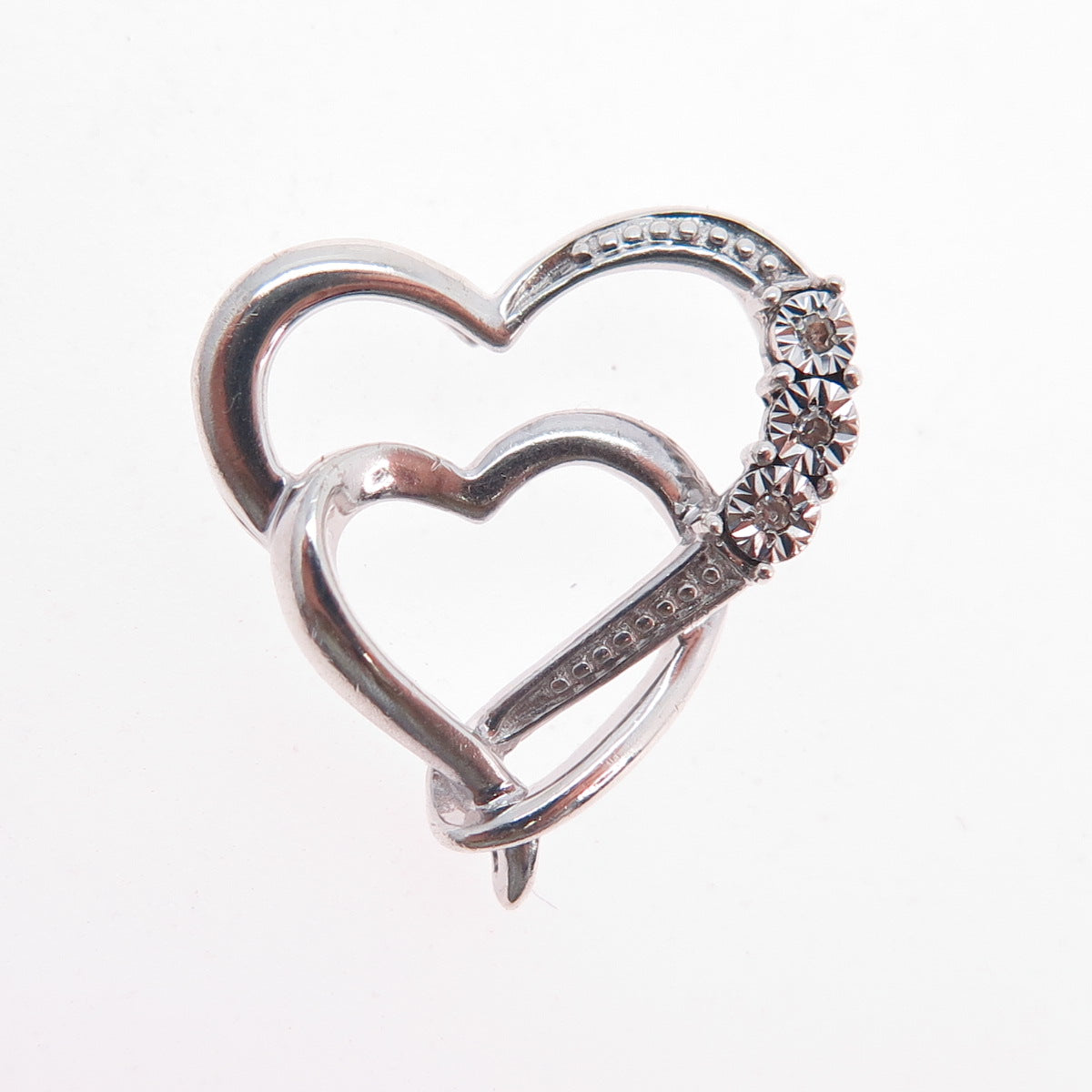 925 Sterling Silver Real Round-Cut Diamond Double Heart Mini Slide Charm Pendant