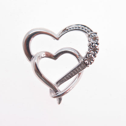 925 Sterling Silver Real Round-Cut Diamond Double Heart Mini Slide Charm Pendant
