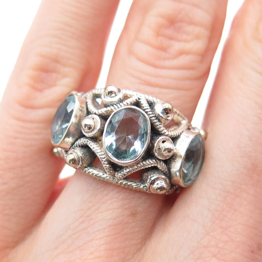 925 Sterling Silver Vintage Real Blue Topaz Modernist Oxidized Ring Size 6.5