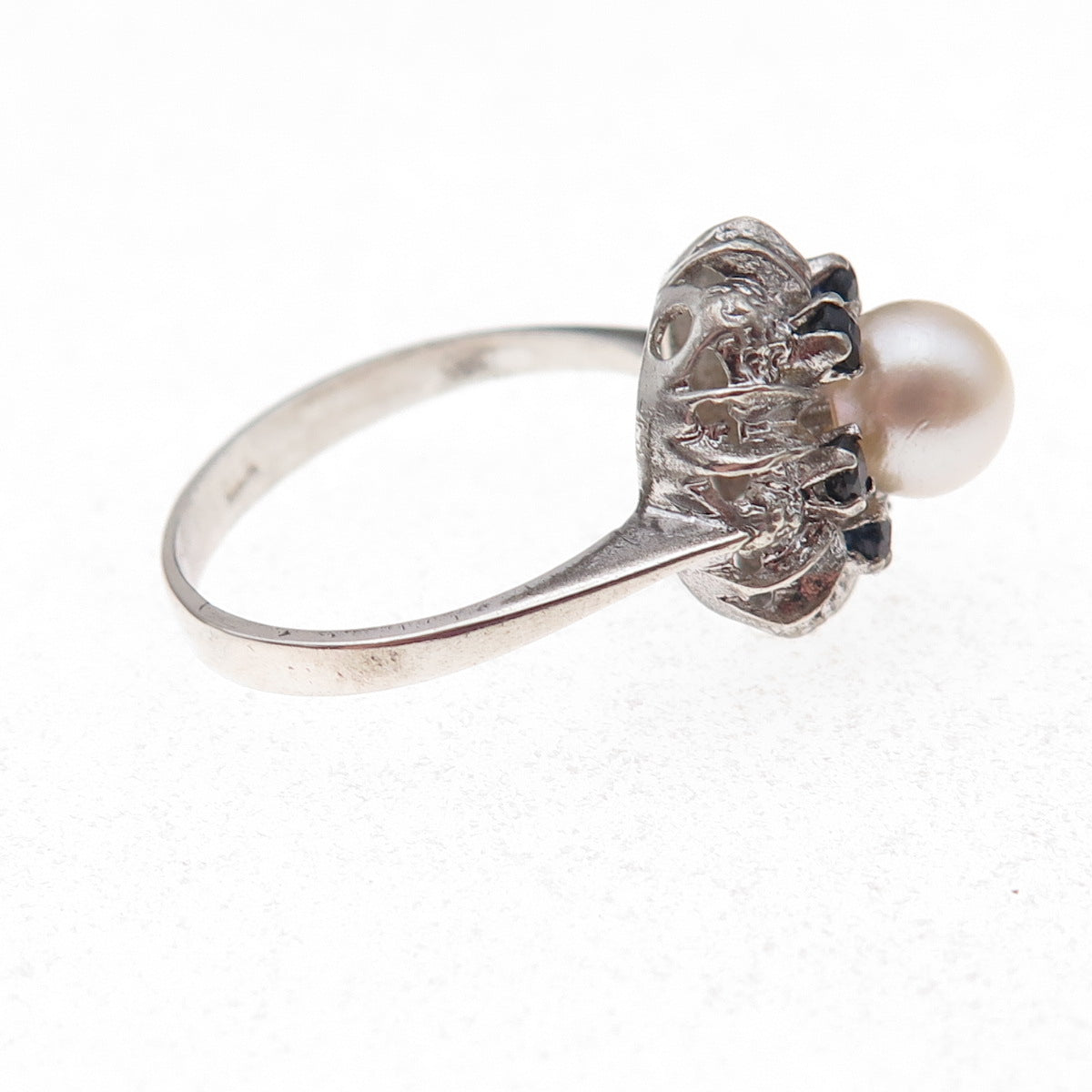 835 Silver Antique Art Deco Real Pearl & Sapphire Bohemian Ring Size 8.25