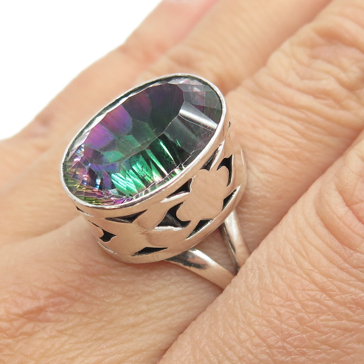 925 Sterling Silver Vintage Real Mystic Quartz Domed Ring Size 8.75
