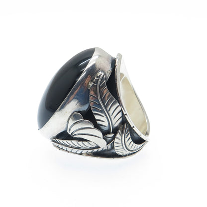 925 Sterling Silver Vintage Mexico Black Onyx Feather Adjustable Ring Size 11.25