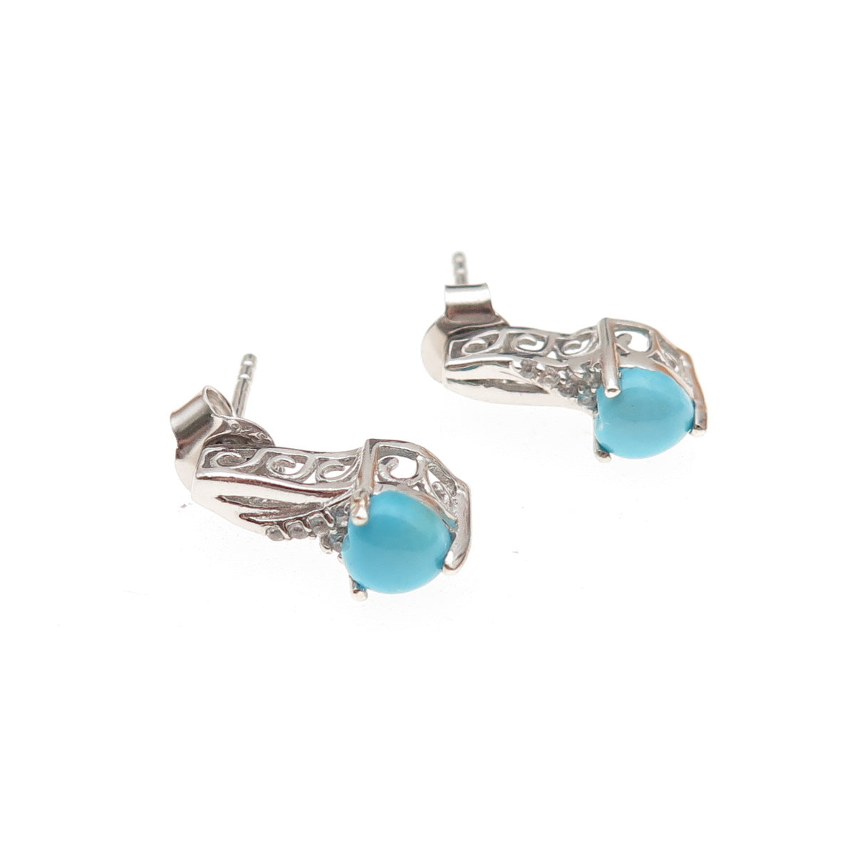 Chuck Clemency 925 Sterling Silver Real Turquoise & White Topaz Heart Earrings