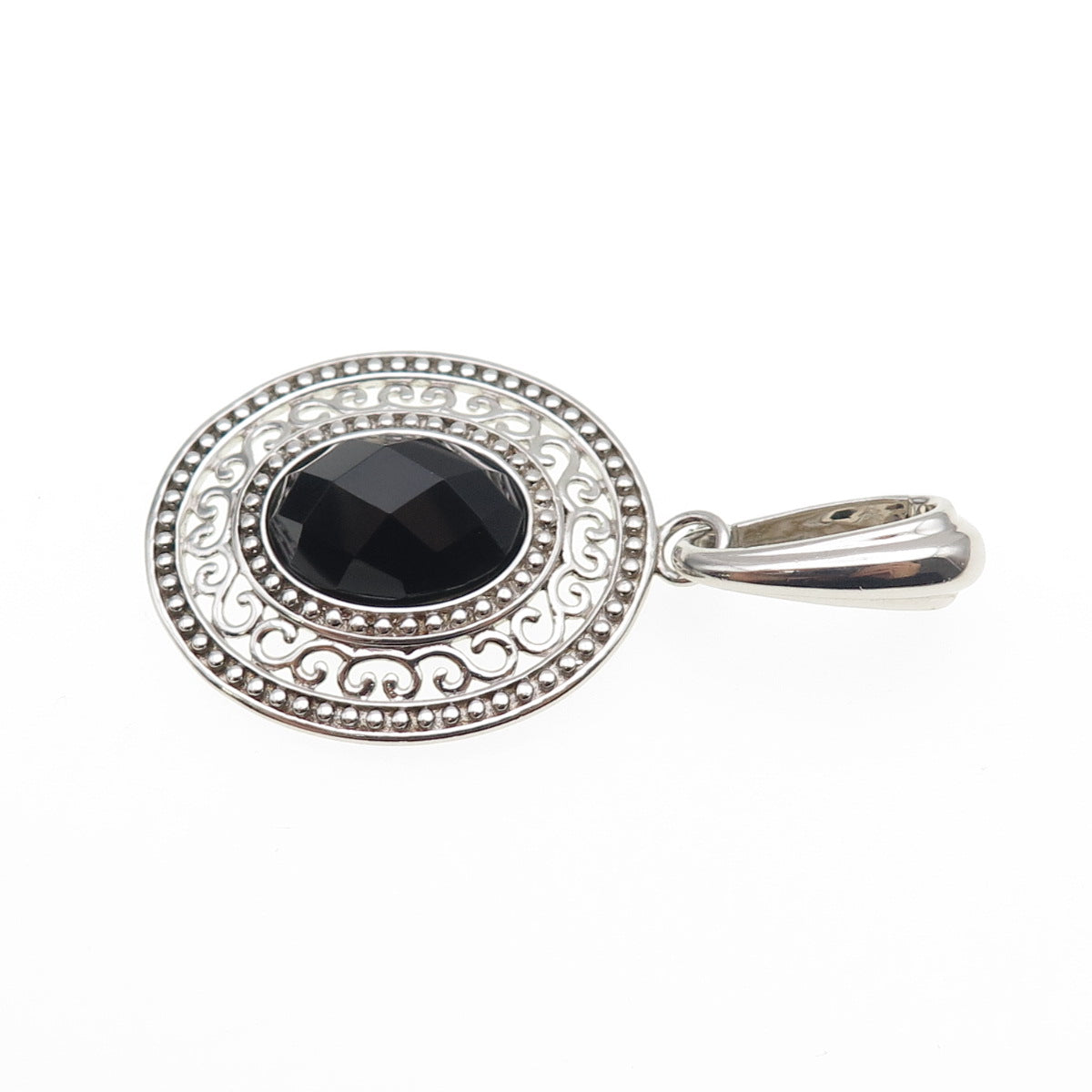 925 Sterling Silver Vintage Real Black Onyx Beaded Ornate Pendant