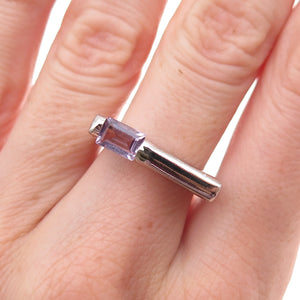 925 Sterling Silver Vintage Real Emerald-Cut Amethyst Modernist Ring Size 6.75