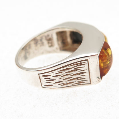 Valerio V-8 925 Sterling Silver Vintage Poland Real Amber Ring Size 6