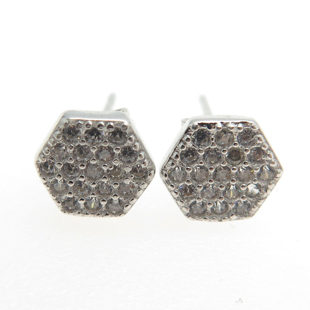 925 Sterling Silver Round-Cut C Z Hexagon Stud Earrings