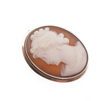 800 Silver 2-Tone Antique Art Deco Real MOP Lady Cameo Pin Brooch / Pendant