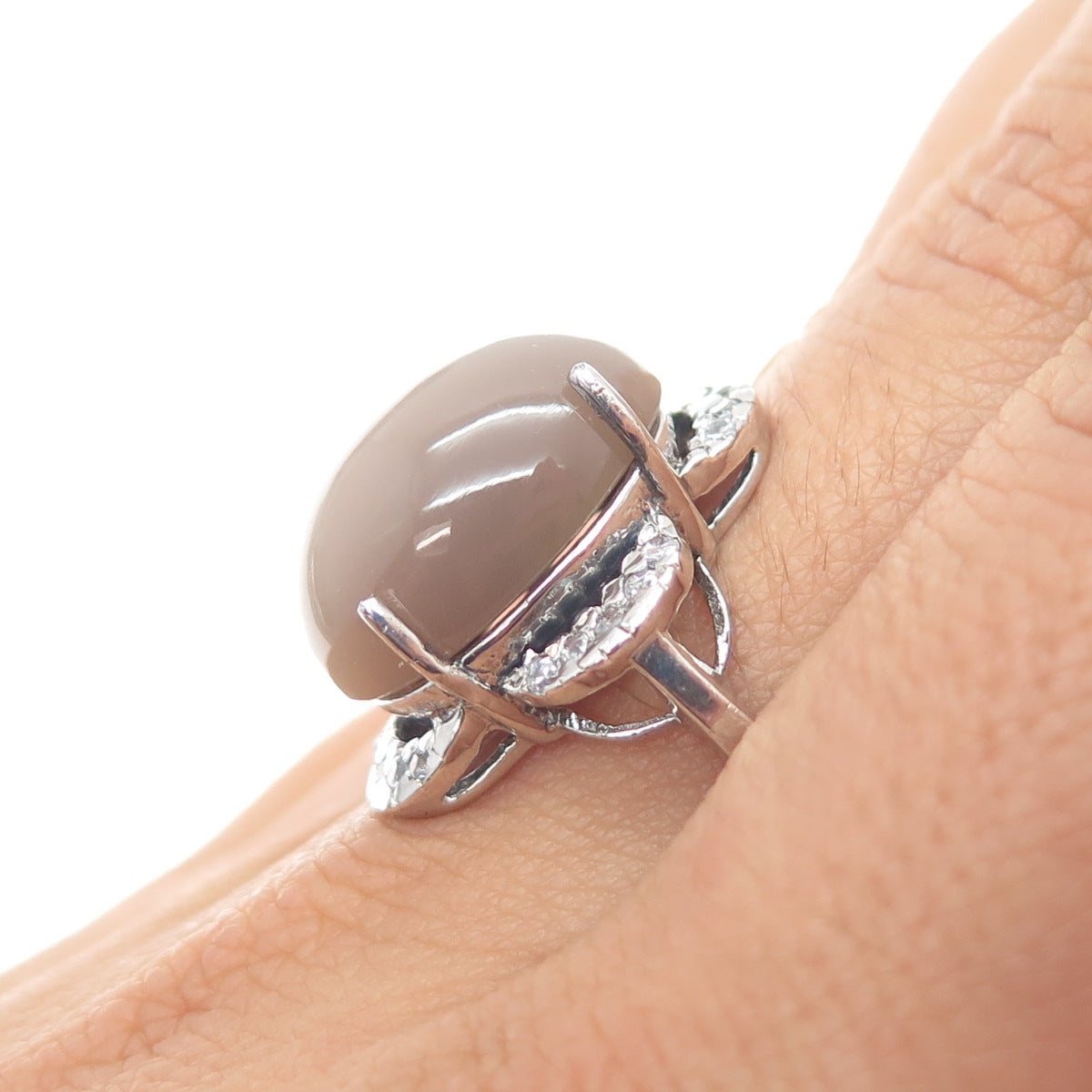 925 Sterling Silver Optic Fiber Cat's Eye & C Z Flower Ring Size 7.25