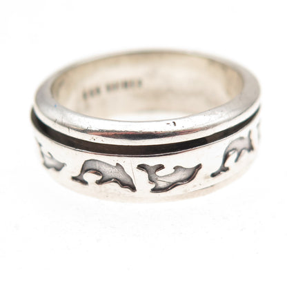 925 Sterling Silver Vintage Mexico Dolphin Rotating Oxidized Band Ring Size 8.25