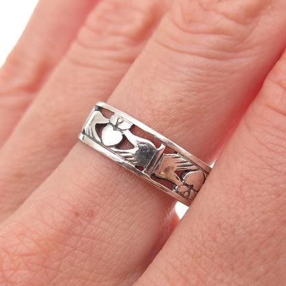 Peter Stone Sterling Silver Vintage Irish Claddagh Oxidized Band Ring Size 9.5