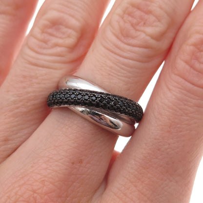 925 Sterling Silver Real Round-Cut Black Spinel Crisscross Ring Size 6.25