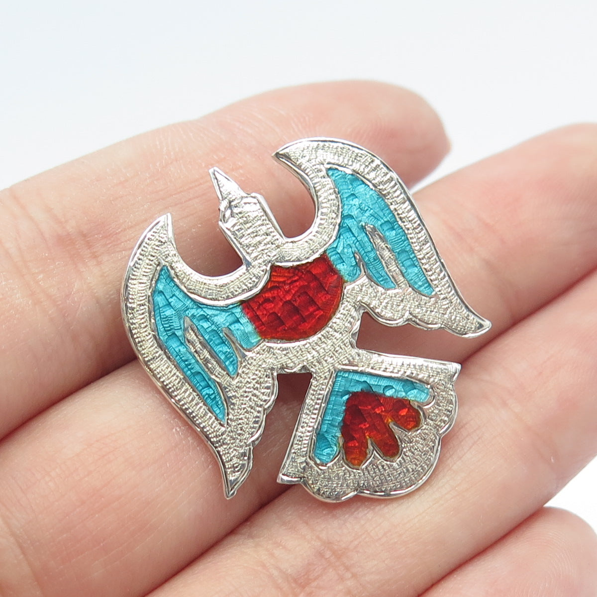 925 Sterling Silver Vintage Siam Enamel Peyote Bird Pendant