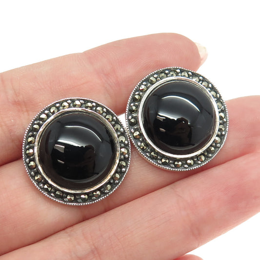 JUDITH JACK 925 Sterling Silver Vintage Black Onyx & Marcasite Gem Earrings