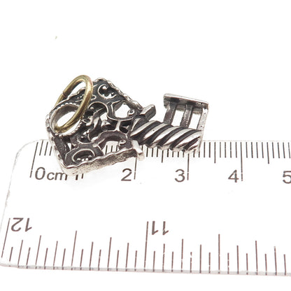 925 Sterling Silver Antique Art Deco Floral Key Oxidized Charm Pendant
