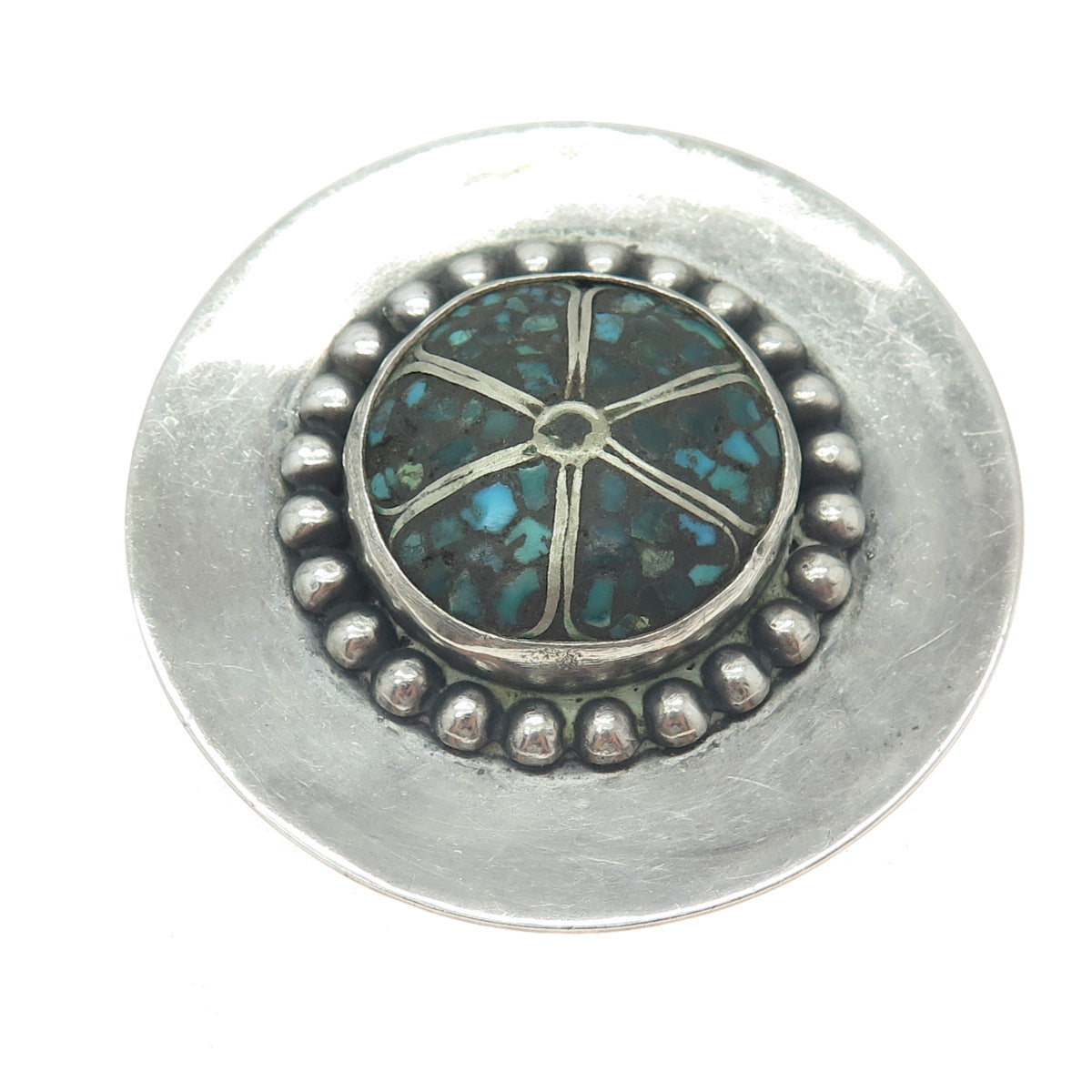 Old Pawn Sterling Silver Vintage Southwestern Turquoise Inlay Tribal Pin Brooch