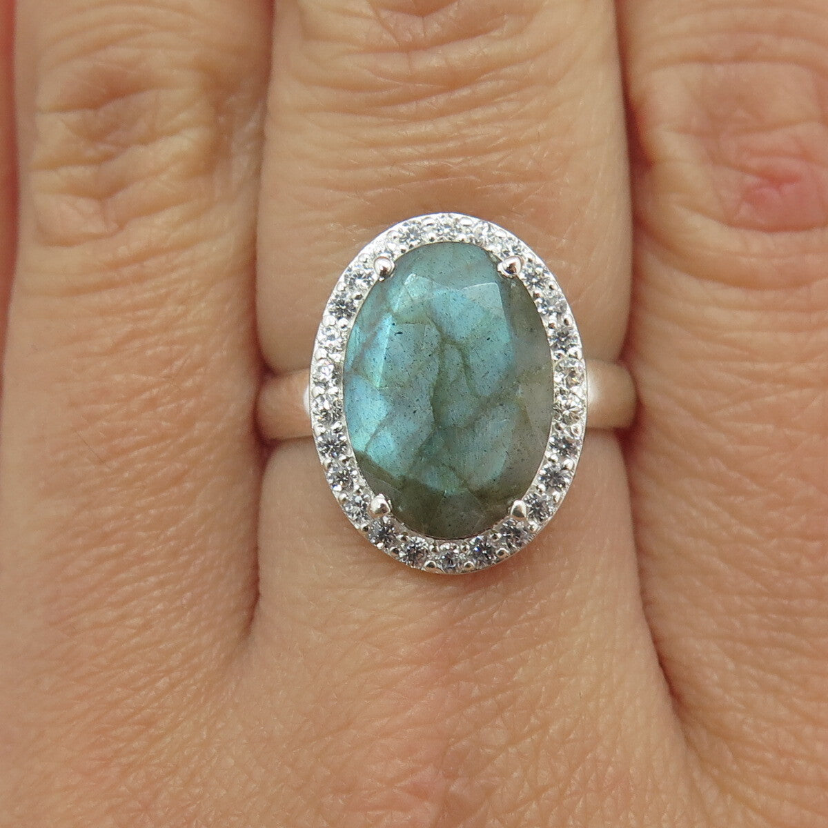 FRANK AHM 925 Sterling Silver Real Oval-Cut Labradorite & C Z Ring Size 7.75
