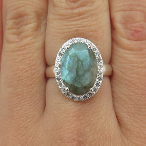 FRANK AHM 925 Sterling Silver Real Oval-Cut Labradorite & C Z Ring Size 7.75