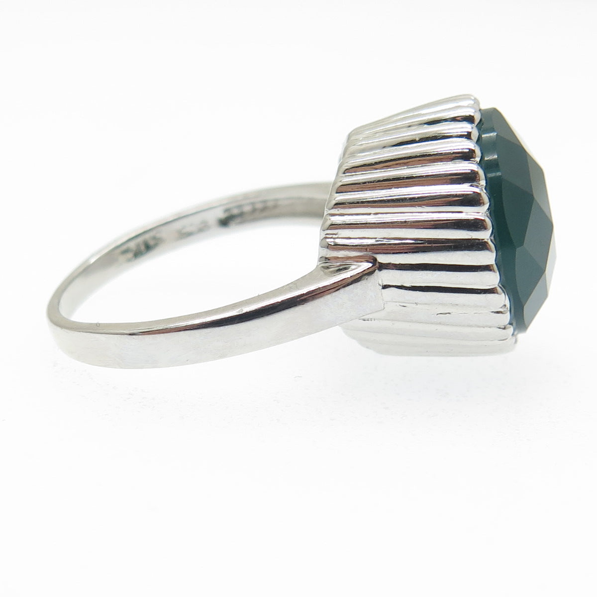 925 Sterling Silver Real Checkered Green Onyx Gem Ribbed Dome Ring Size 7