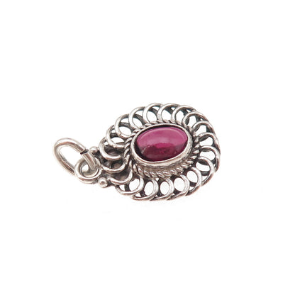 925 Sterling Silver Vintage Real Rhodolite Floral Oxidized Charm Pendant