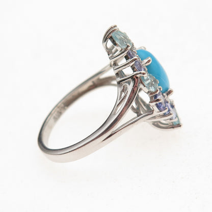 Chuck Clemency 925 Sterling Real Turquoise Tanzanite & Aquamarine Ring Size 8.25