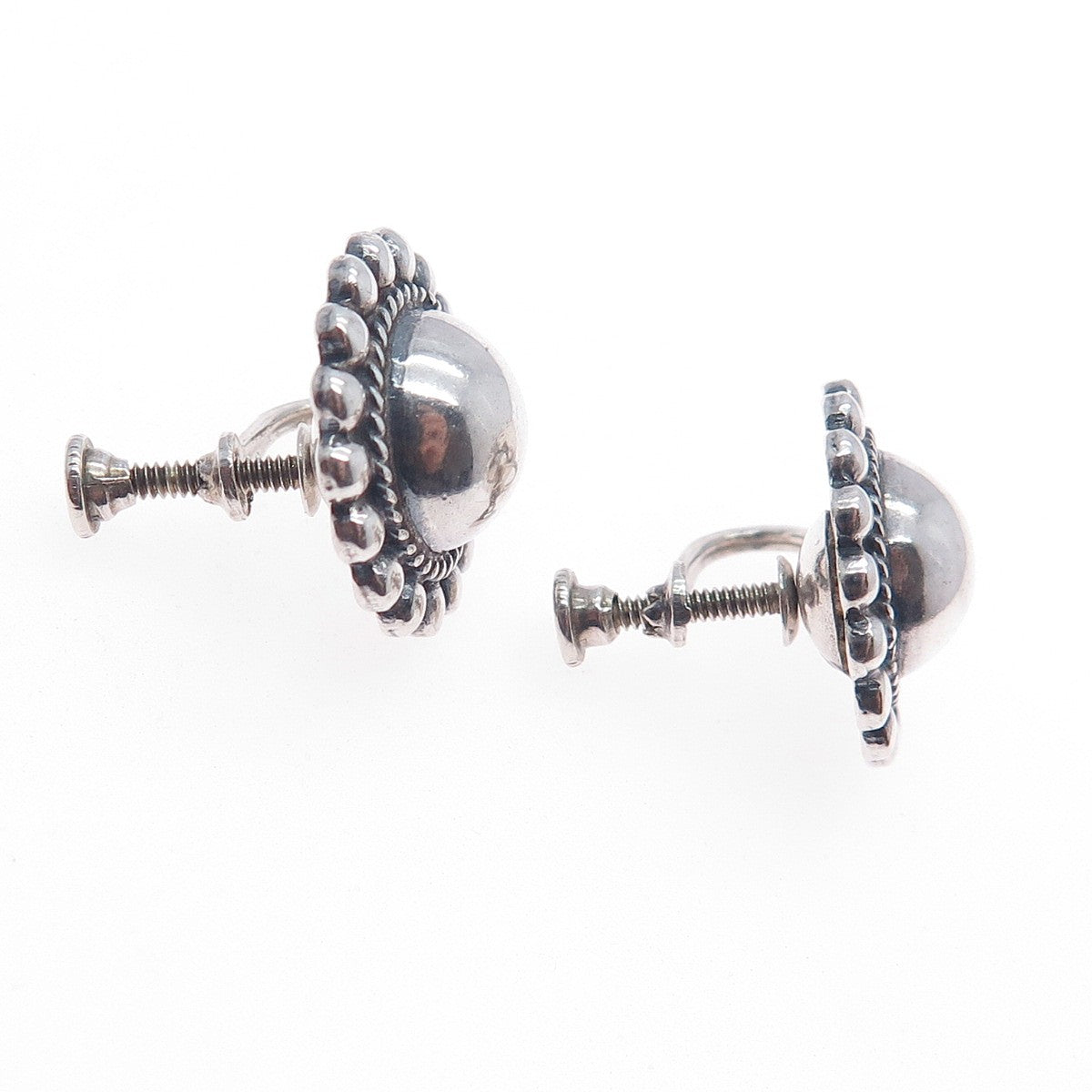 925 Sterling Silver Vintage Beaded Sun Oxidized Screw Back Earrings