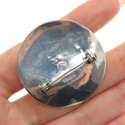 925 Sterling Silver Vintage Mexico Real Jade Sombrero Hat Oxidized Pin Brooch