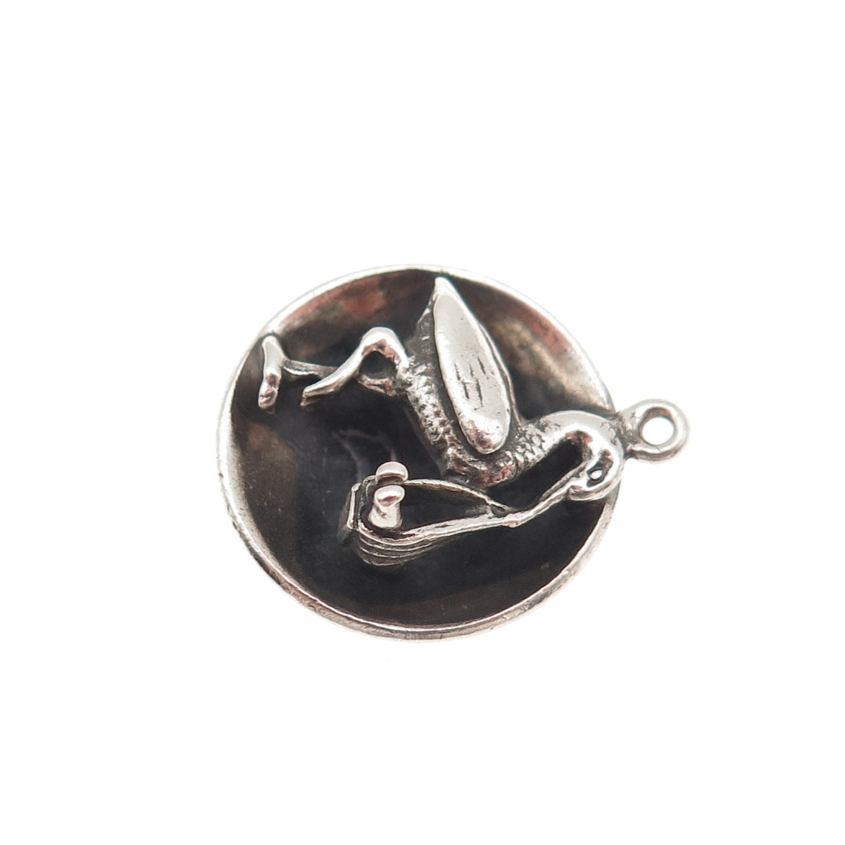 JewelArt Sterling Silver Vintage Stork Carrying Baby Oxidized Mini Charm Pendant