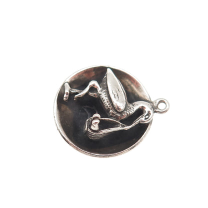 JewelArt Sterling Silver Vintage Stork Carrying Baby Oxidized Mini Charm Pendant