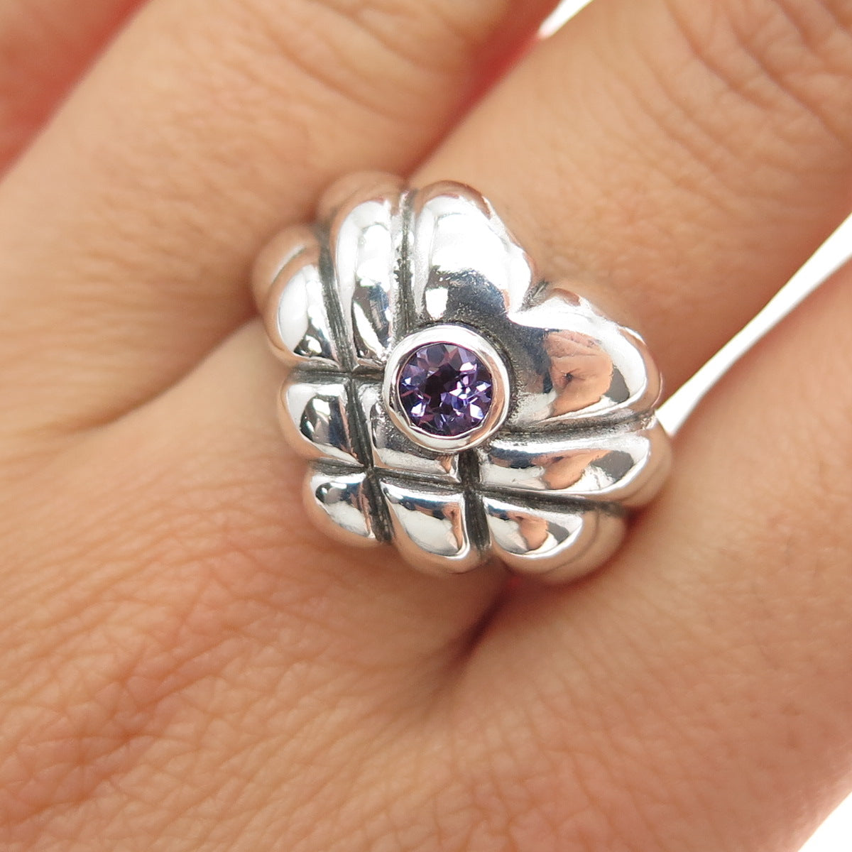 925 Sterling Silver Vintage Real Amethyst Modernist Heart Ring Size 9.25