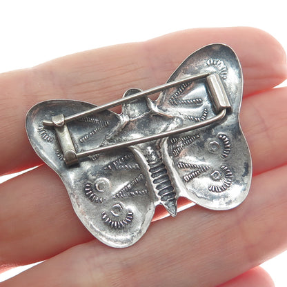 Old Pawn Sterling Silver Vintage Turquoise Butterfly Oxidized Tribal Pin Brooch