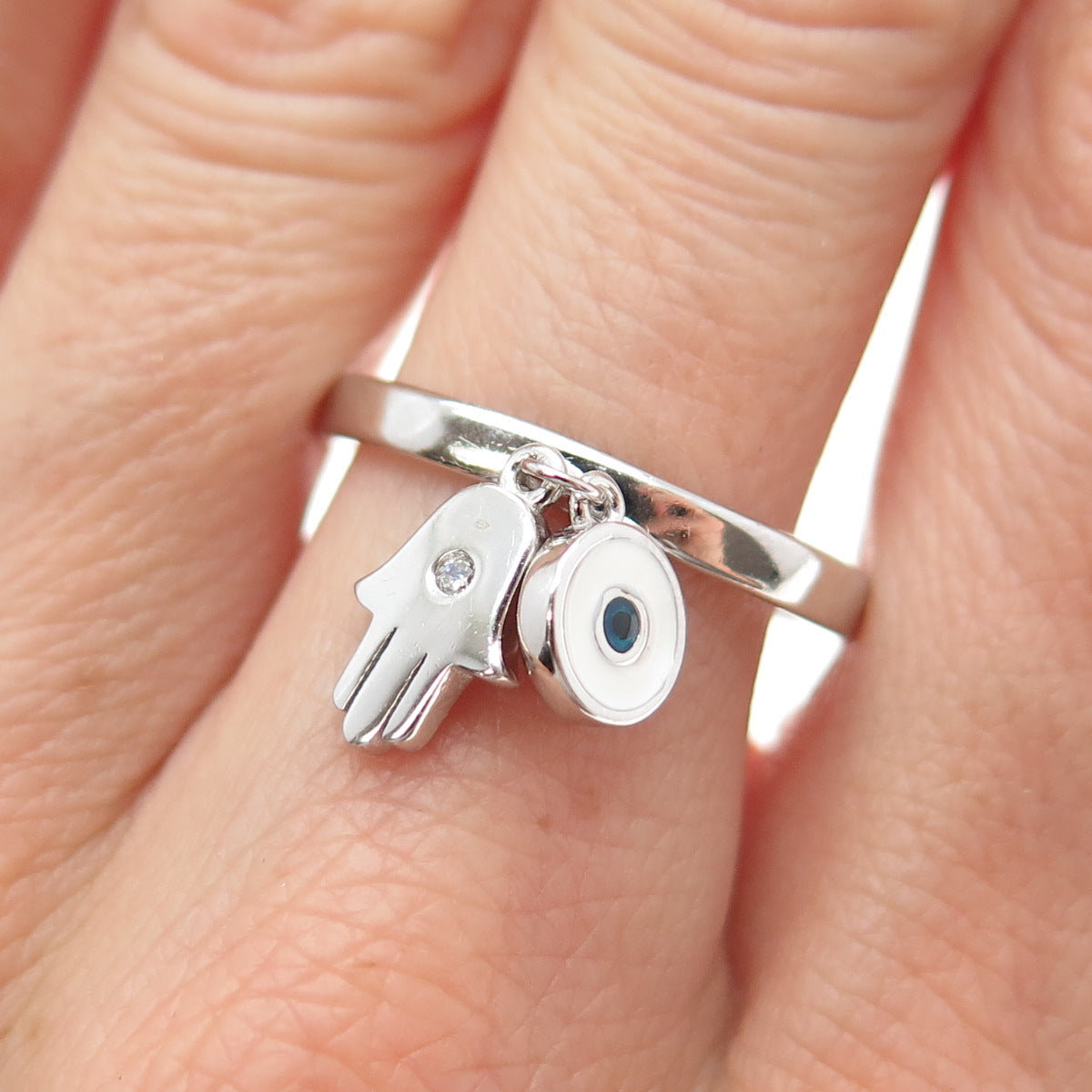 925 Sterling Silver Enamel C Z Hamsa & Evil's Eye Amulet Charm Ring Size 9.25