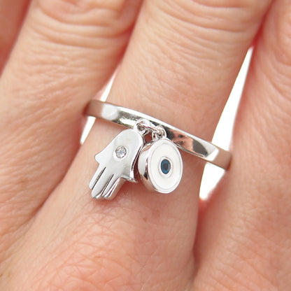 925 Sterling Silver Enamel C Z Hamsa & Evil's Eye Amulet Charm Ring Size 9.25