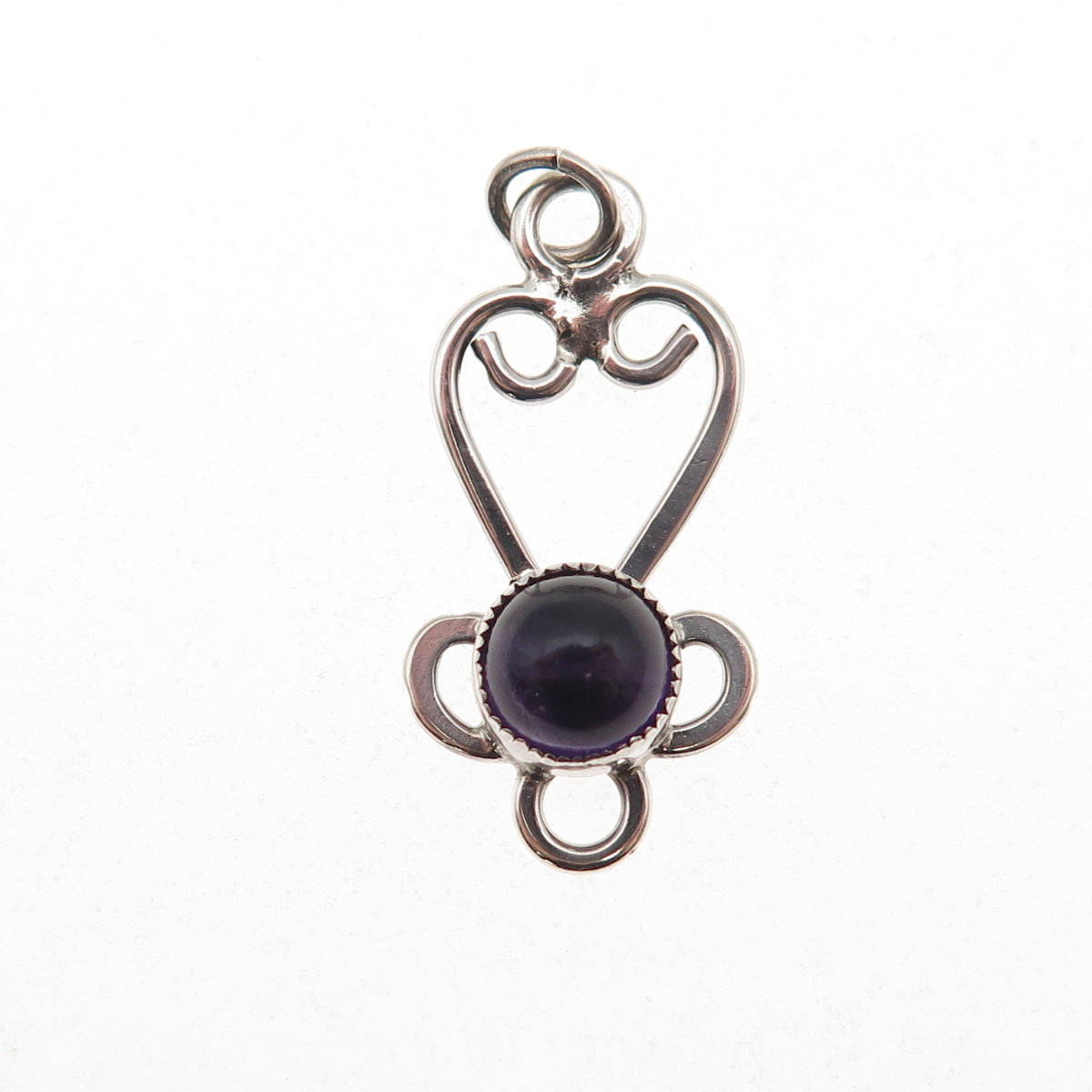 925 Sterling Silver Vintage Real Amethyst Heart Ornate Charm Pendant