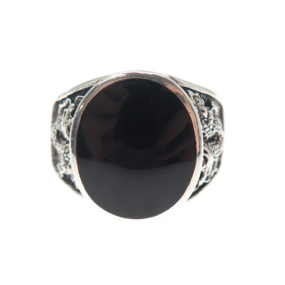 925 Sterling Silver Vintage Real Black Onyx Dragon Oxidized Ring Size 10.25