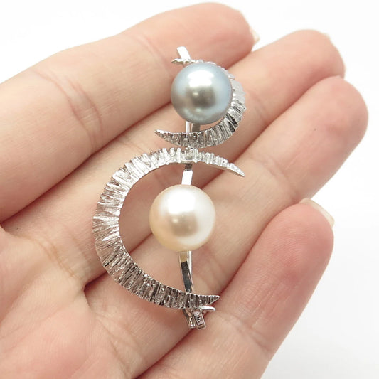 925 Sterling Silver Vintage Faux Cream & Gray Pearl Crescent Moon Pin Brooch