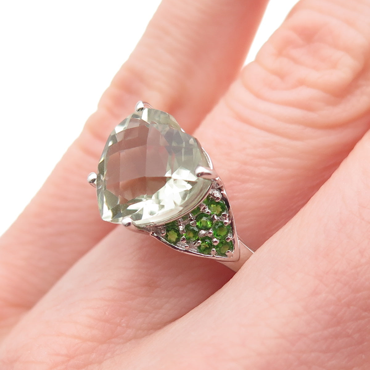 925 Sterling Real Green Amethyst & Chrome Diopside Heart Ring Size 5