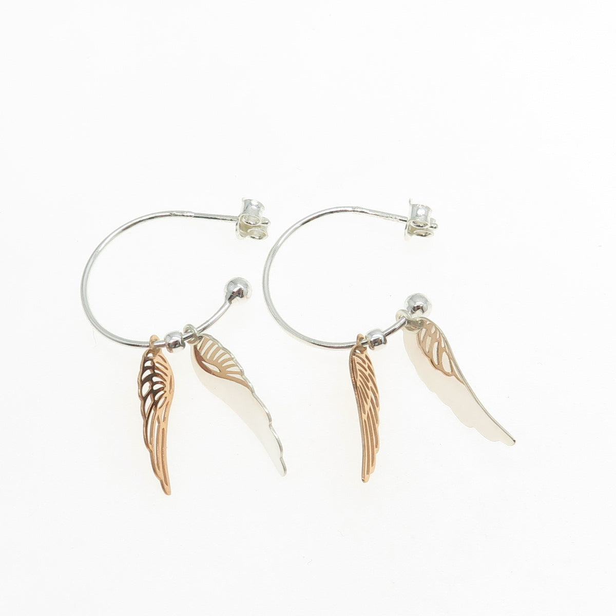 925 Sterling Silver 2-Tone Angle Wings Dangling Hoop Earrings