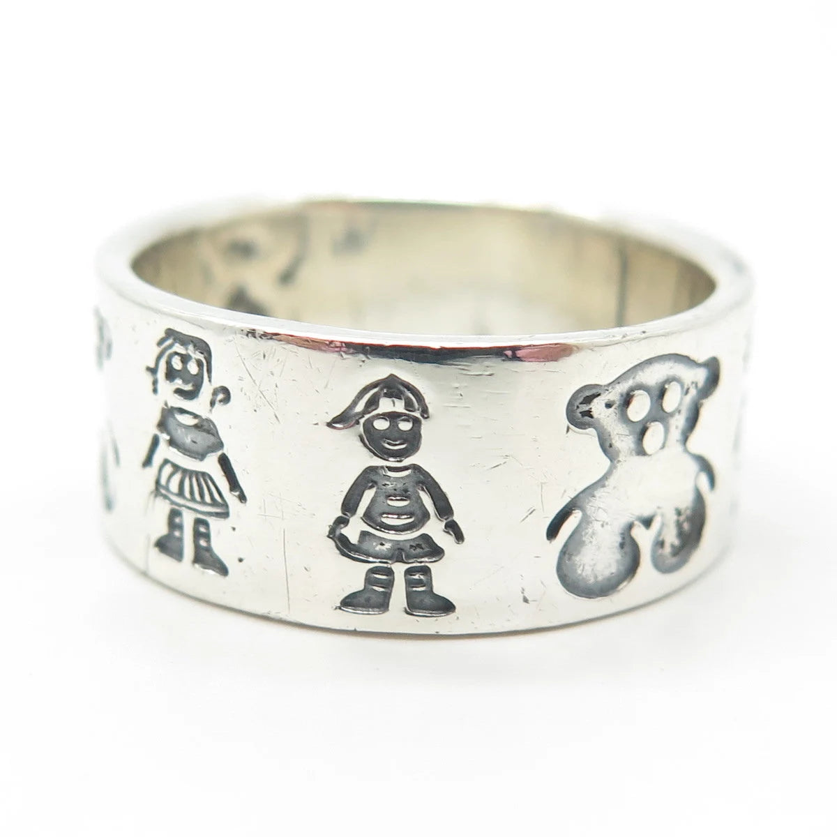 925 Sterling Silver Vintage Mexico Girl Boy & Bear Band Ring Size 11.5