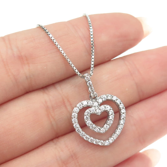 925 Sterling Silver Italy C Z Double Heart Pendant Box Chain Necklace 18"