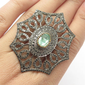 925 Sterling Silver Vintage Black Diamond & Green Tourmaline Gem Ring Size 7.75