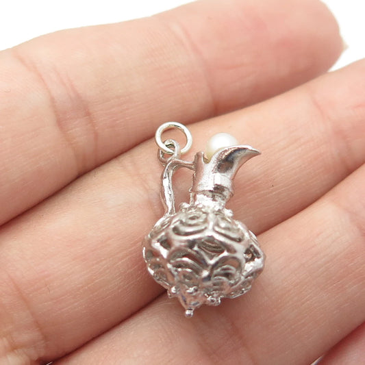 925 Sterling Silver Antique Art Deco Real Pearl Swirl Jug Charm Pendant