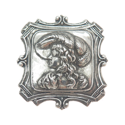 SHUBE 925 Sterling Silver Vintage Lady in Feather Hat Oxidized Pin Brooch