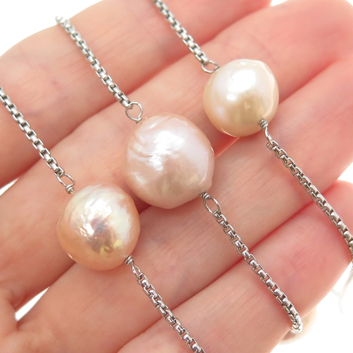 HONORA Sterling Silver Vintage Pearl Round Box Chain Adjustable Necklace 18-28"
