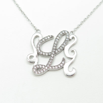 925 Sterling Silver Round-Cut C Z Letter "L" Ornate Cable Chain Necklace 16-18"