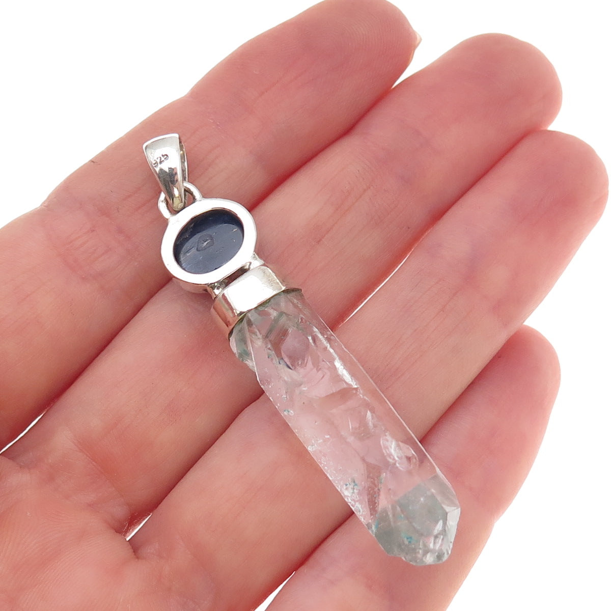 925 Sterling Silver Vintage Real Sapphire & Clear Crystal Amulet Pendant