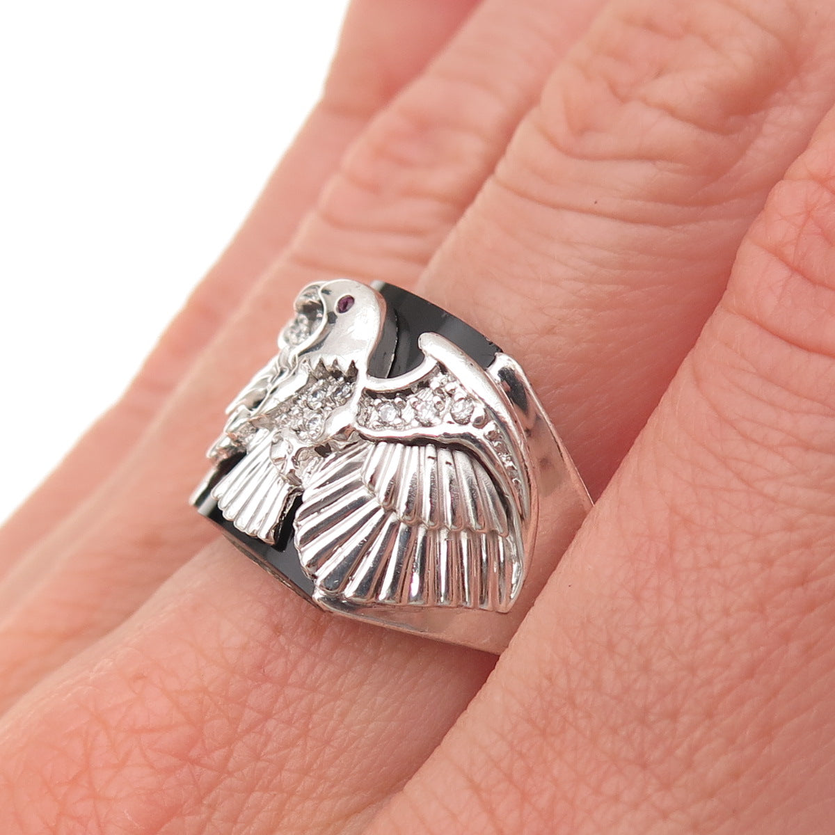 925 Sterling Silver Real Black Onyx Pink & White C Z Eagle Ring Size 9.5