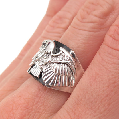 925 Sterling Silver Real Black Onyx Pink & White C Z Eagle Ring Size 9.5