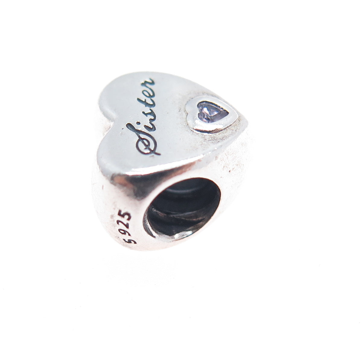PANDORA 925 Sterling Silver Purple C Z Sister Heart Slide Bead Charm