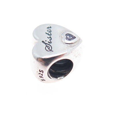 PANDORA 925 Sterling Silver Purple C Z Sister Heart Slide Bead Charm